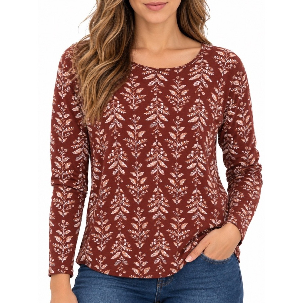 Croft Barrow Womens Plus 1X Classic Tee Brown Floral Print Long Sleeve Top